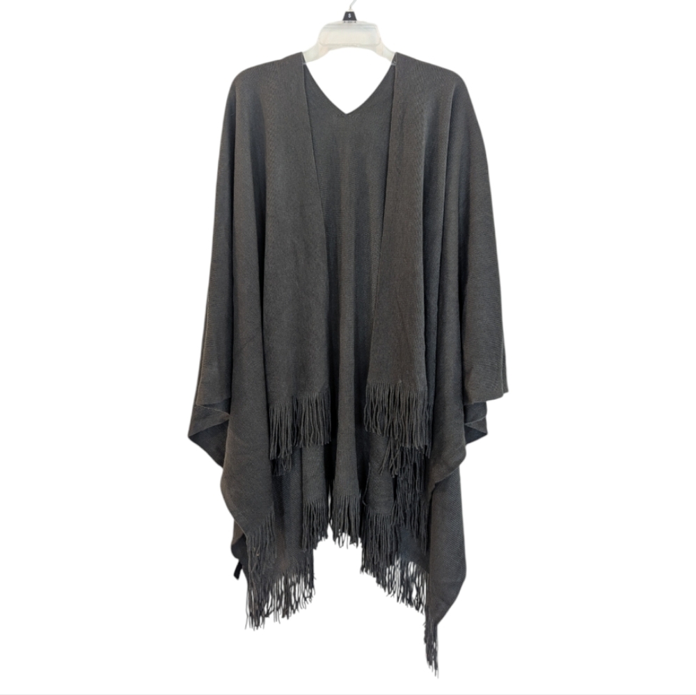 Chic Fringe Poncho Wrap in Charcoal Gray - One Size (fits most)